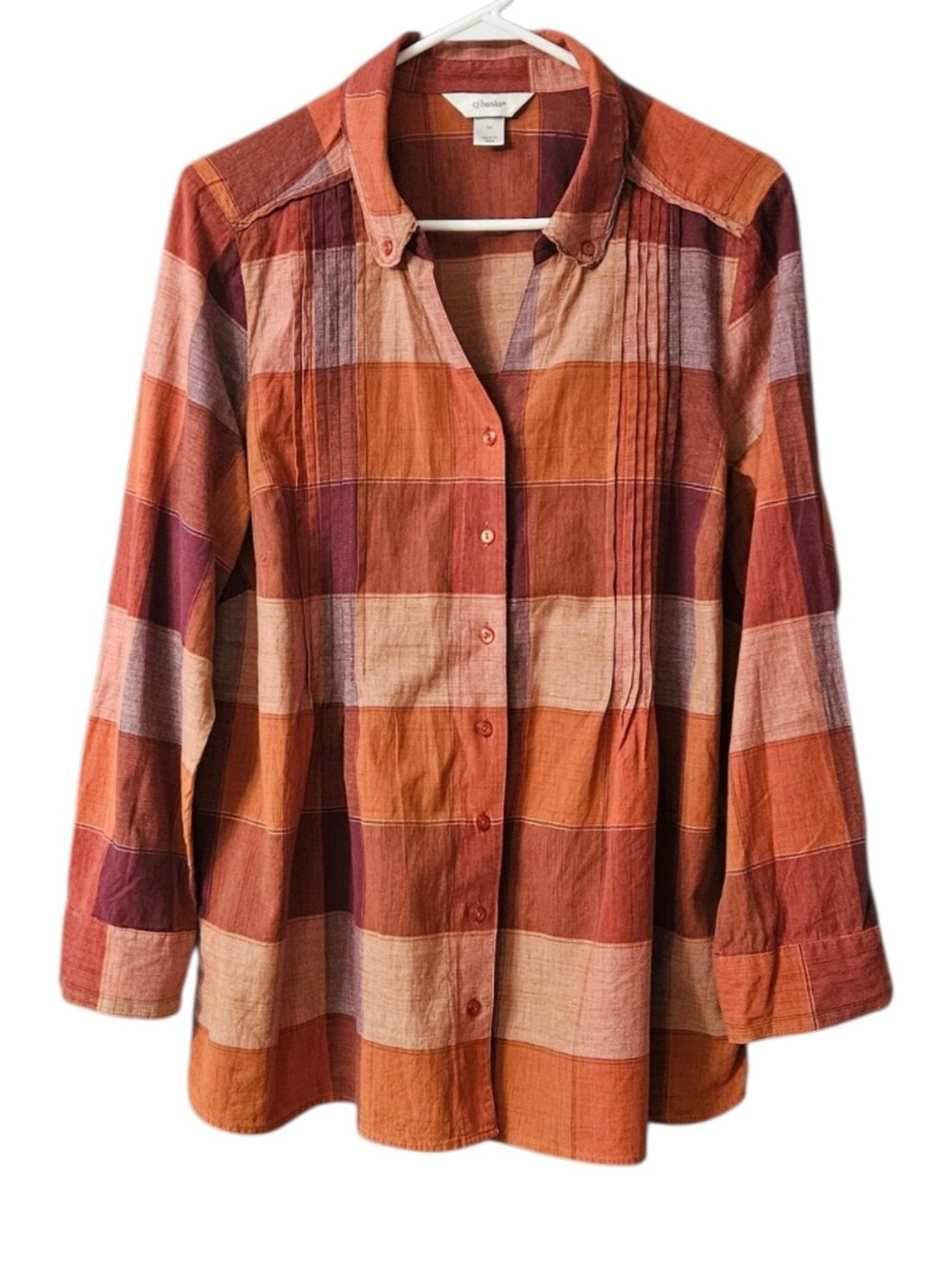 CJ Banks Women's Plaid Button Up Blouse Pleated Women's 1X Rust Roll Tab Sleeves